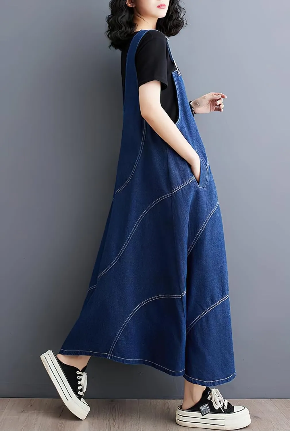 chouyatou Women's Sleeveless Denim Overall Dress Loose Baggy Jumper Maxi Jean Dress
