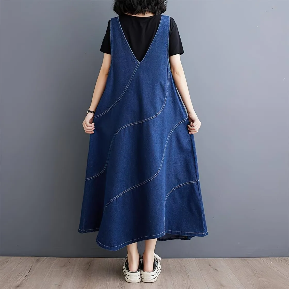 chouyatou Women's Sleeveless Denim Overall Dress Loose Baggy Jumper Maxi Jean Dress