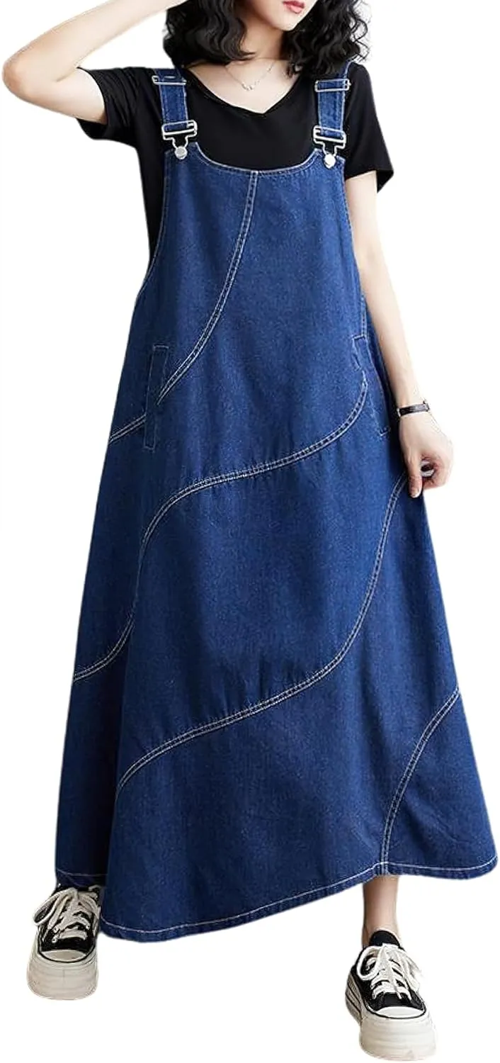 chouyatou Women's Sleeveless Denim Overall Dress Loose Baggy Jumper Maxi Jean Dress