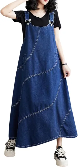 chouyatou Women's Sleeveless Denim Overall Dress Loose Baggy Jumper Maxi Jean Dress
