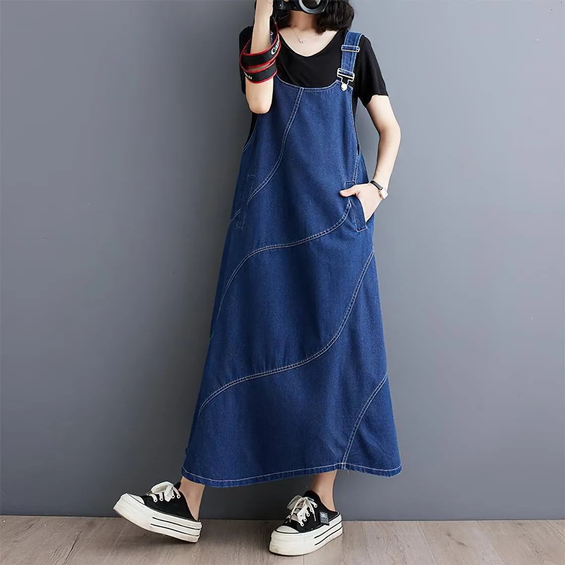 chouyatou Women's Sleeveless Denim Overall Dress Loose Baggy Jumper Maxi Jean Dress