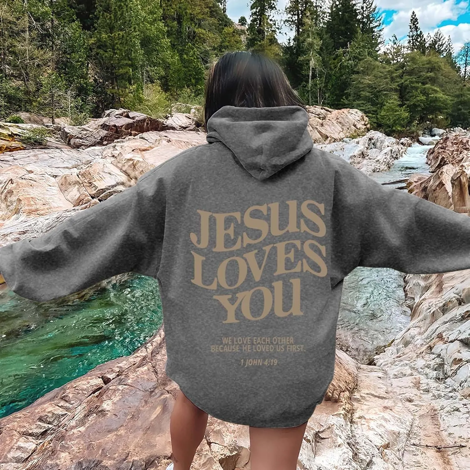 Christian Sweatshirt Women Jesus Loves You Hoodie Oversized Jesus Faith Pullover Inspirational Long Sleeve Tops