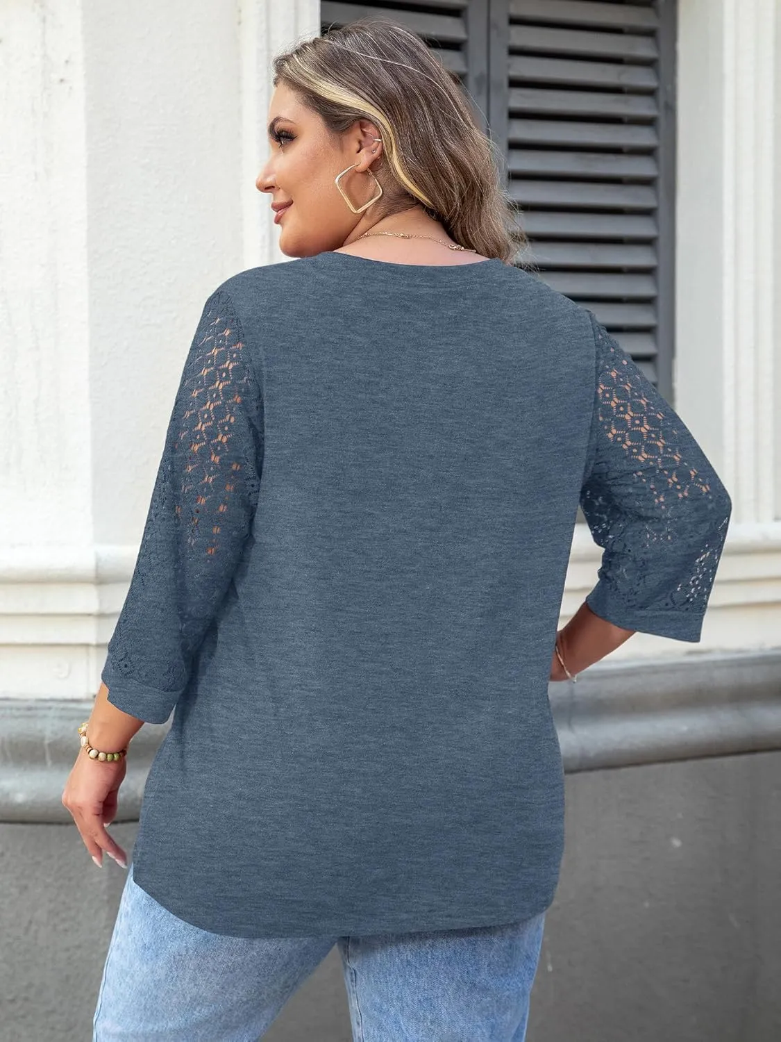 Chulianyouhuo Plus Size Tops for Women 3/4 Lace Sleeve V Neck Tee Shirt Summer Casual Loose Fit Tunic Blouse 2025
