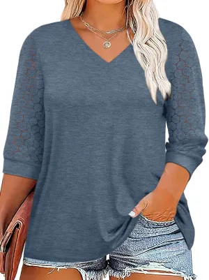 Chulianyouhuo Plus Size Tops for Women 3/4 Lace Sleeve V Neck Tee Shirt Summer Casual Loose Fit Tunic Blouse 2025