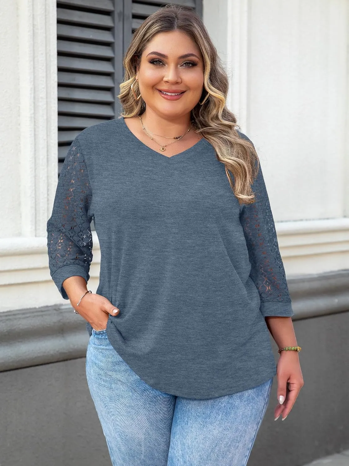 Chulianyouhuo Plus Size Tops for Women 3/4 Lace Sleeve V Neck Tee Shirt Summer Casual Loose Fit Tunic Blouse 2025