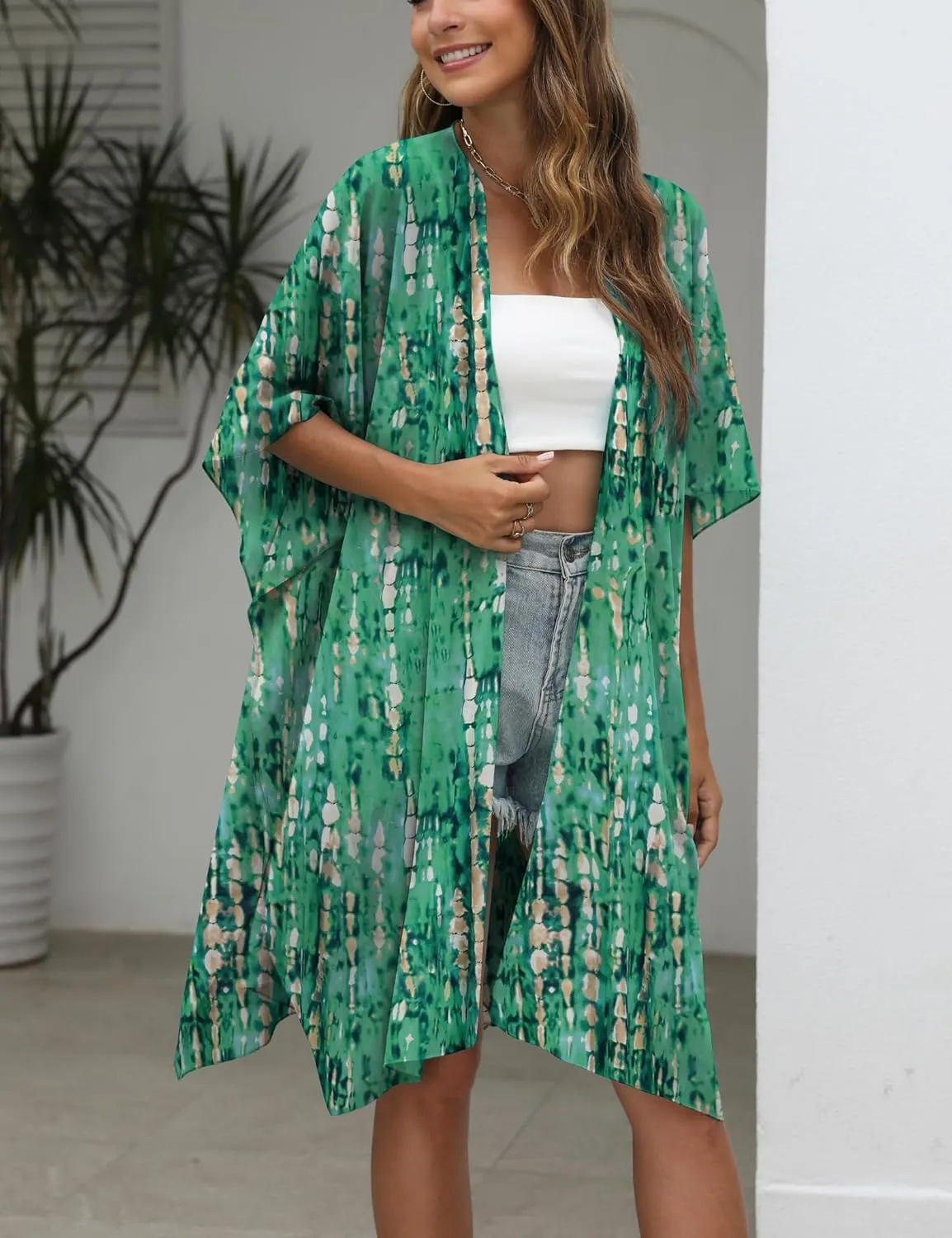 Chunoy Women Lightweight Kimono Cardigan Short Sleeve Loose Beach Wear Cover Up