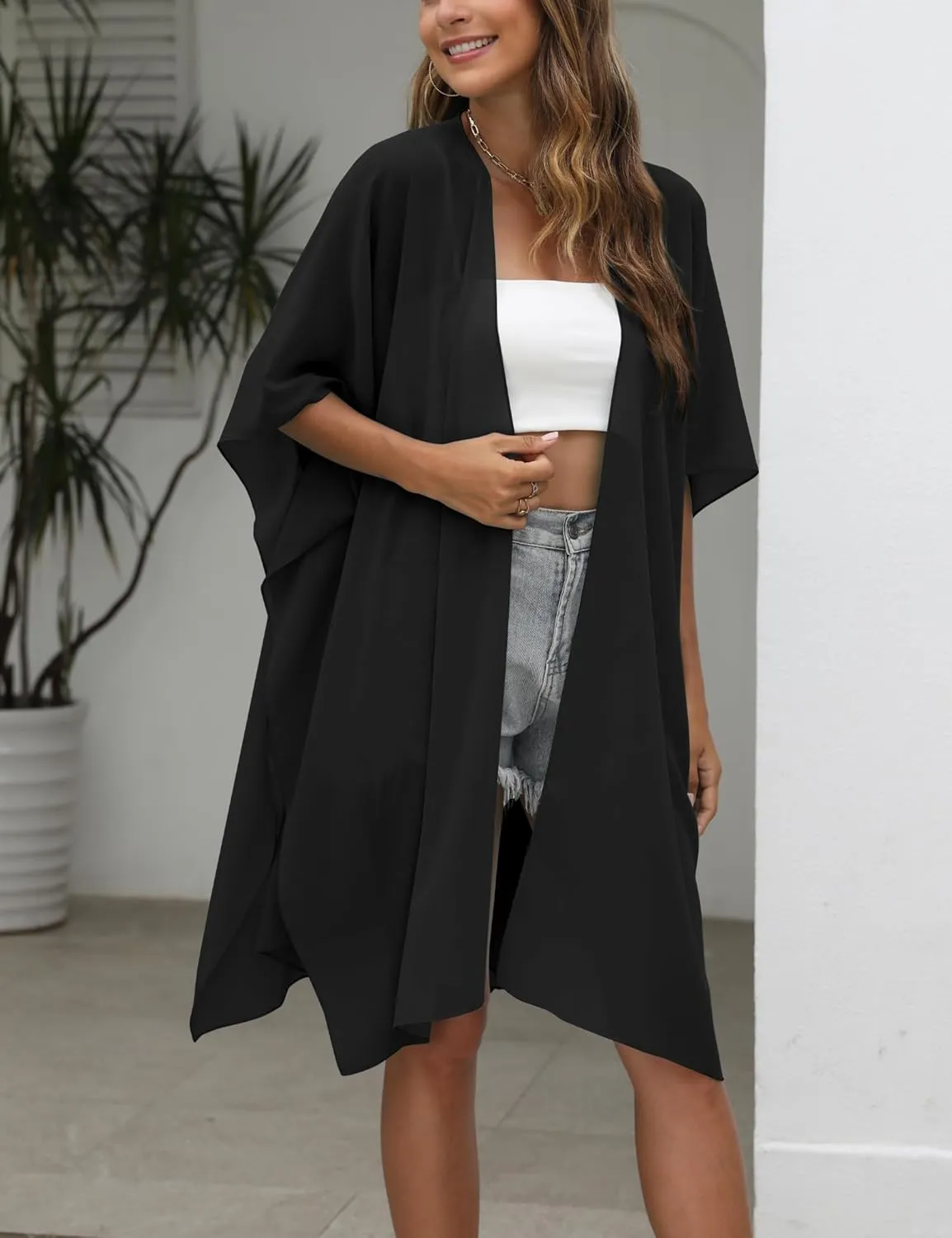 Chunoy Women Lightweight Kimono Cardigan Short Sleeve Loose Beach Wear Cover Up