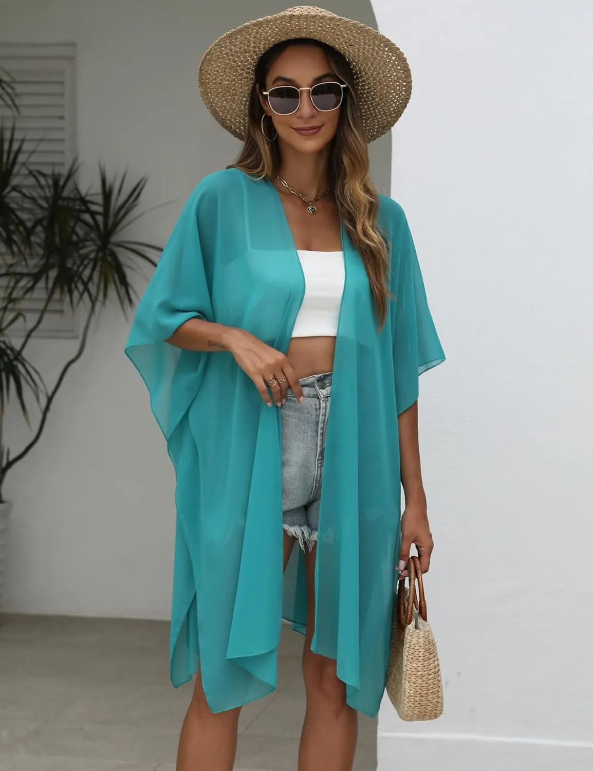 Chunoy Women Lightweight Kimono Cardigan Short Sleeve Loose Beach Wear Cover Up