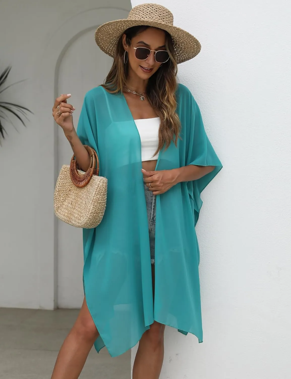 Chunoy Women Lightweight Kimono Cardigan Short Sleeve Loose Beach Wear Cover Up