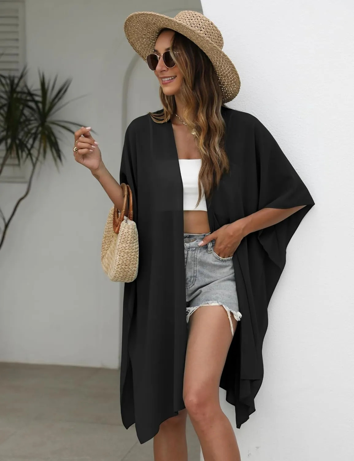 Chunoy Women Lightweight Kimono Cardigan Short Sleeve Loose Beach Wear Cover Up
