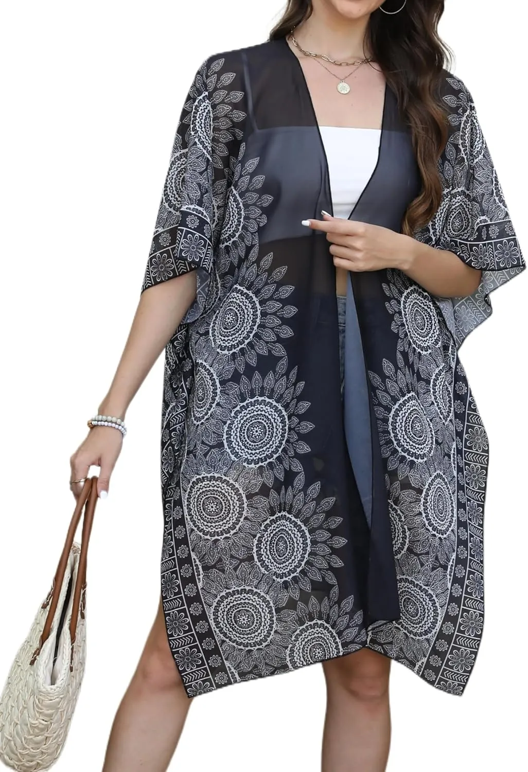 Chunoy Women Lightweight Kimono Cardigan Short Sleeve Loose Beach Wear Cover Up