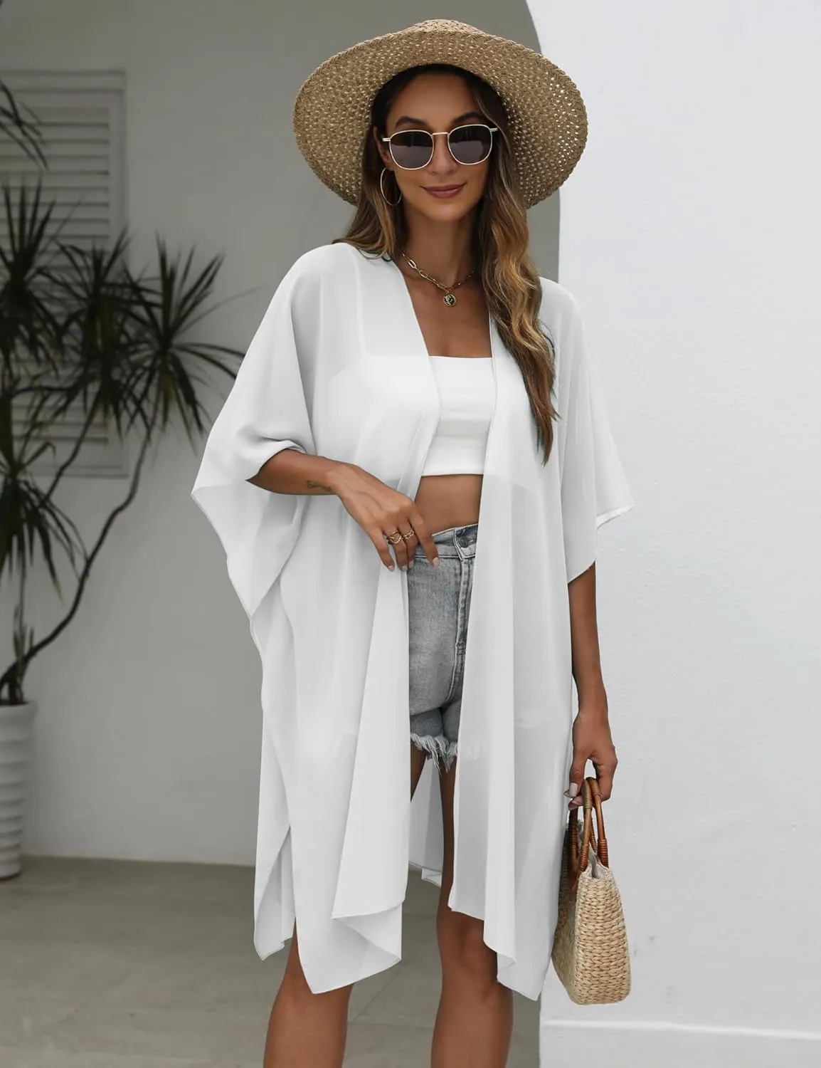 Chunoy Women Lightweight Kimono Cardigan Short Sleeve Loose Beach Wear Cover Up