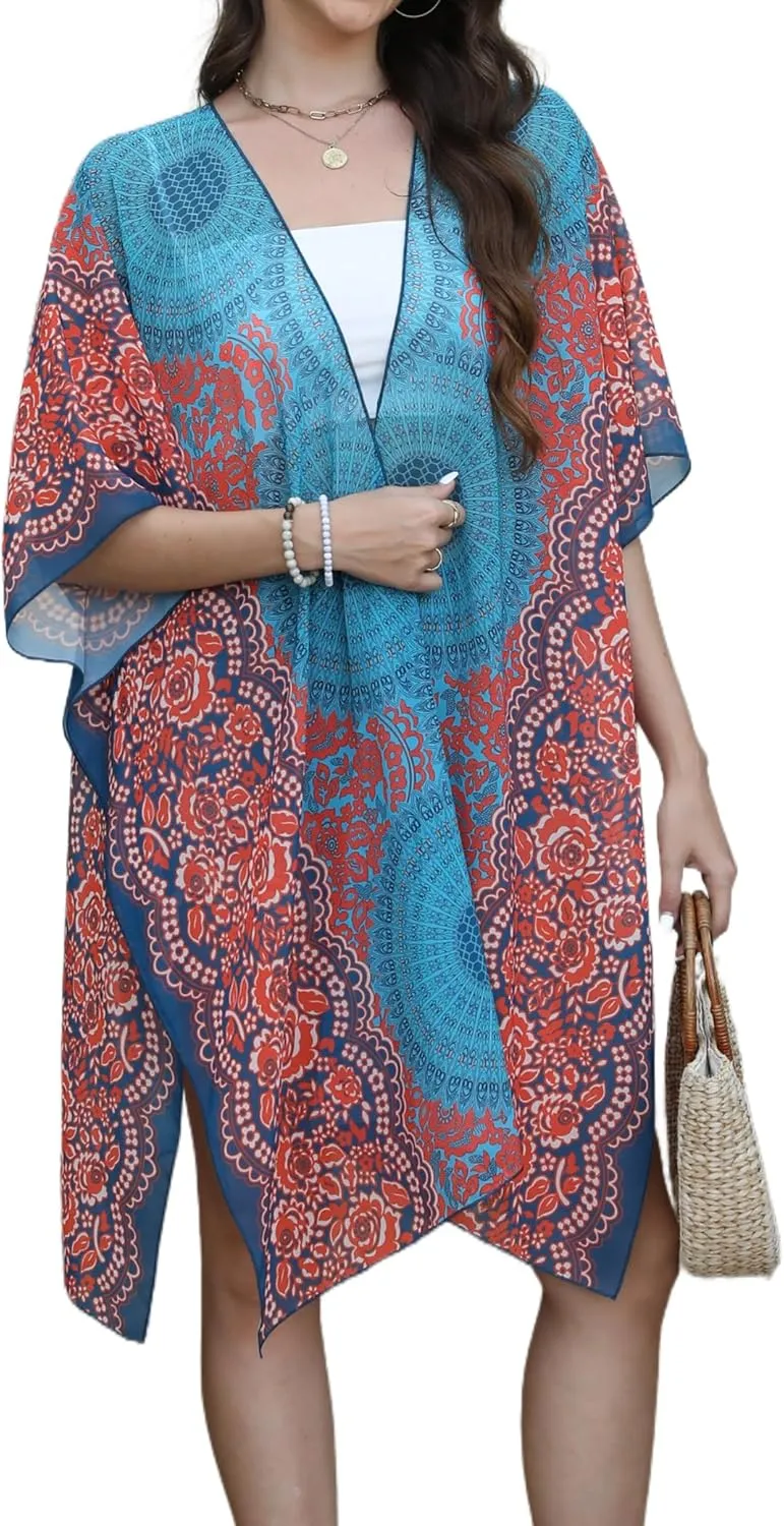 Chunoy Women Lightweight Kimono Cardigan Short Sleeve Loose Beach Wear Cover Up