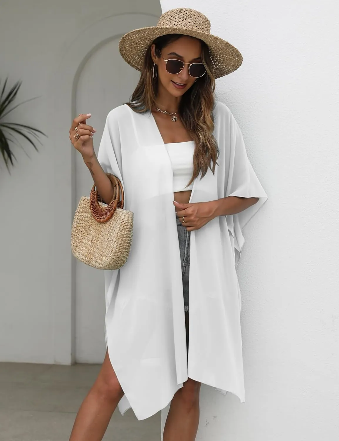 Chunoy Women Lightweight Kimono Cardigan Short Sleeve Loose Beach Wear Cover Up