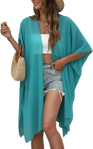 Chunoy Women Lightweight Kimono Cardigan Short Sleeve Loose Beach Wear Cover Up