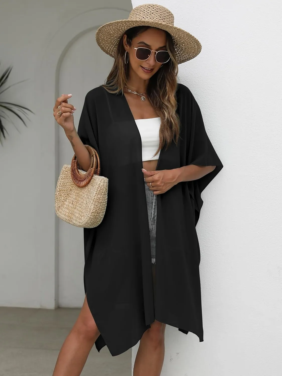 Chunoy Women Lightweight Kimono Cardigan Short Sleeve Loose Beach Wear Cover Up