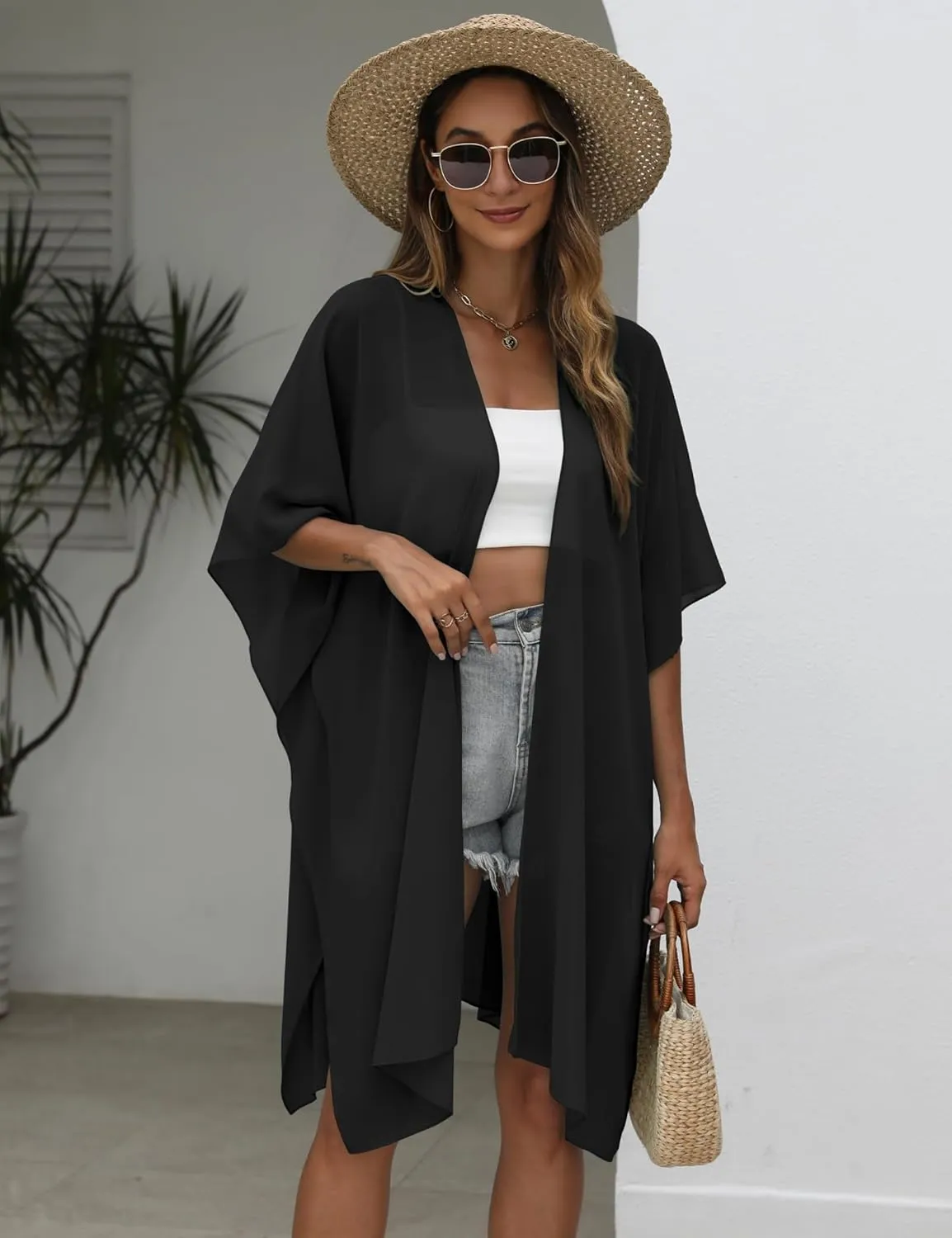 Chunoy Women Lightweight Kimono Cardigan Short Sleeve Loose Beach Wear Cover Up