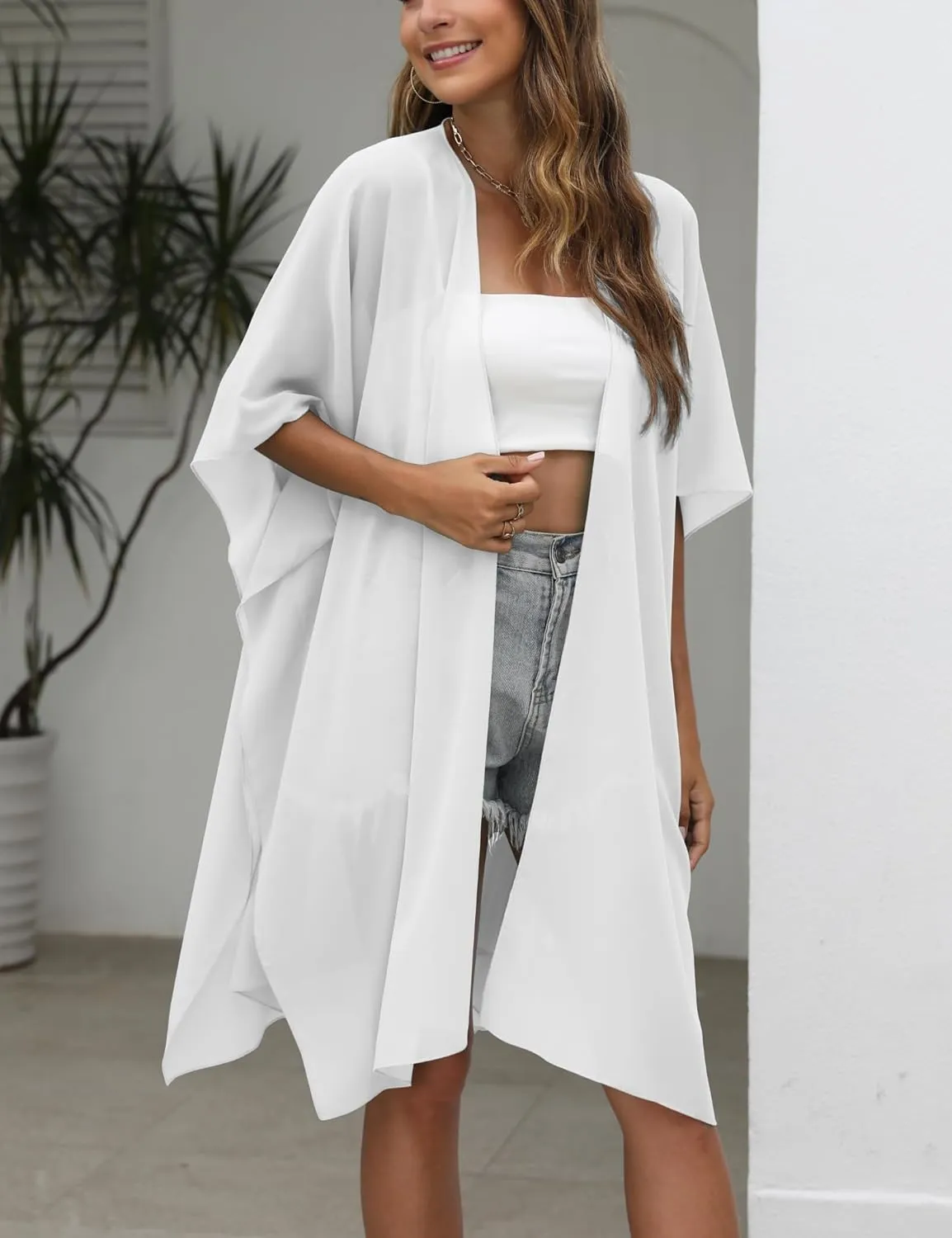 Chunoy Women Lightweight Kimono Cardigan Short Sleeve Loose Beach Wear Cover Up