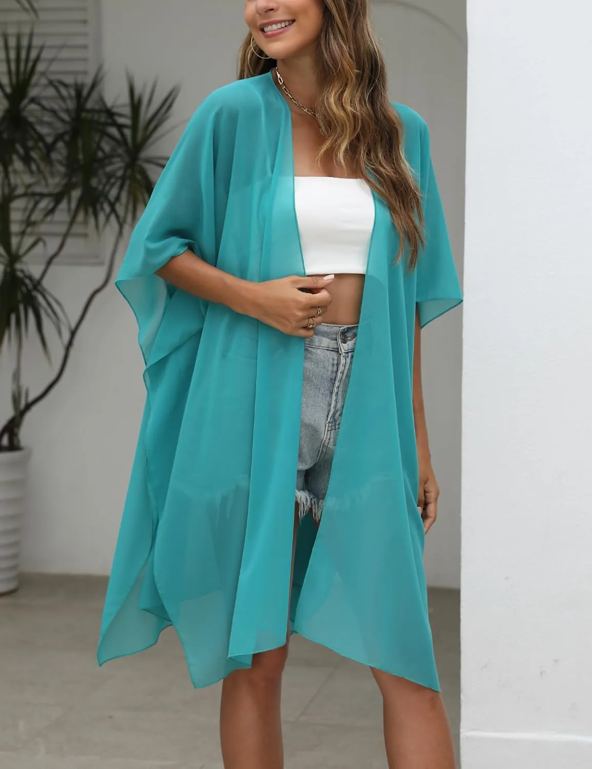 Chunoy Women Lightweight Kimono Cardigan Short Sleeve Loose Beach Wear Cover Up
