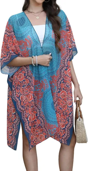 Chunoy Women Lightweight Kimono Cardigan Short Sleeve Loose Beach Wear Cover Up