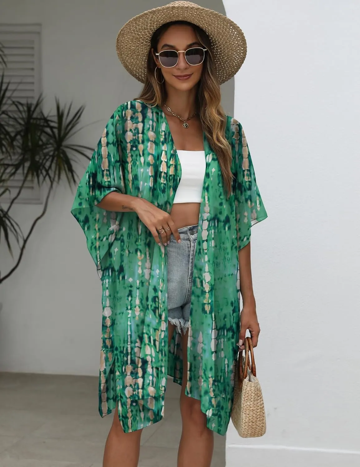 Chunoy Women Lightweight Kimono Cardigan Short Sleeve Loose Beach Wear Cover Up