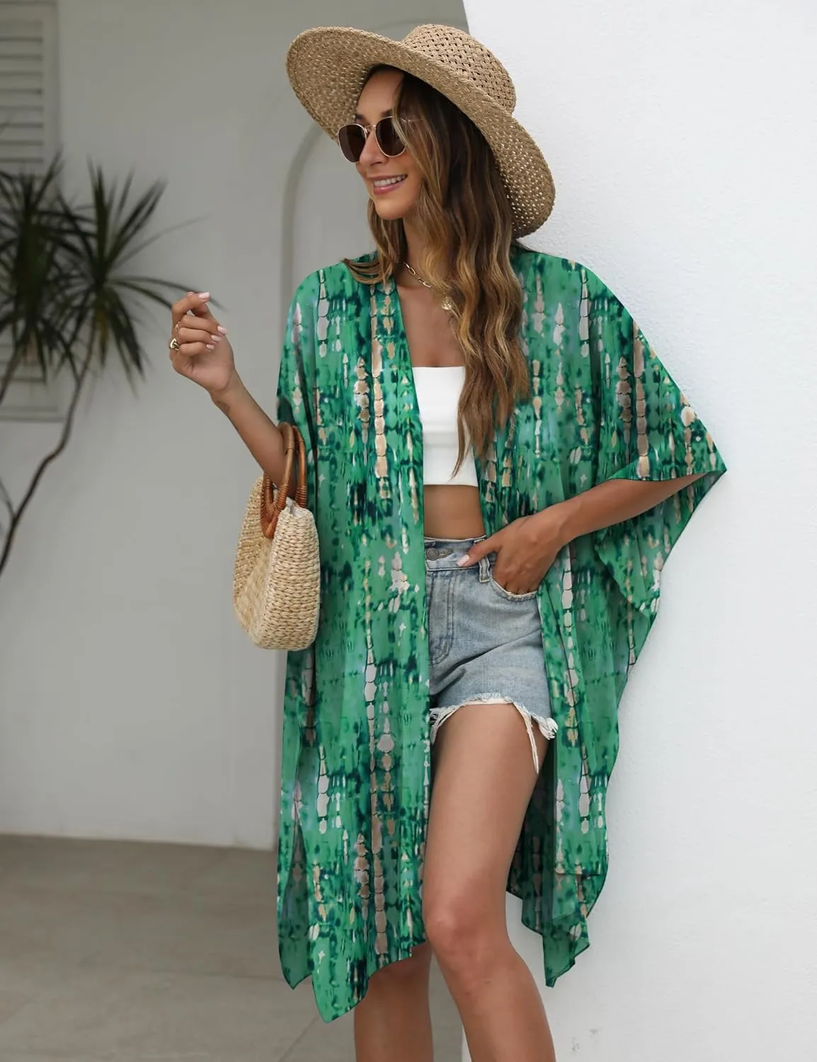 Chunoy Women Lightweight Kimono Cardigan Short Sleeve Loose Beach Wear Cover Up