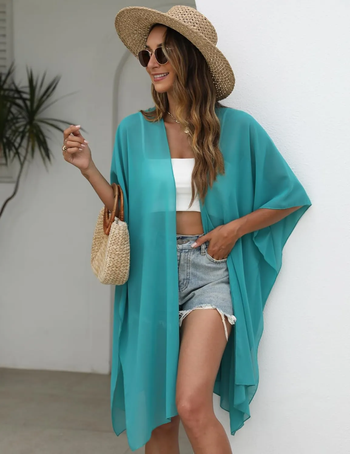 Chunoy Women Lightweight Kimono Cardigan Short Sleeve Loose Beach Wear Cover Up