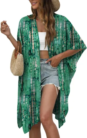 Chunoy Women Lightweight Kimono Cardigan Short Sleeve Loose Beach Wear Cover Up