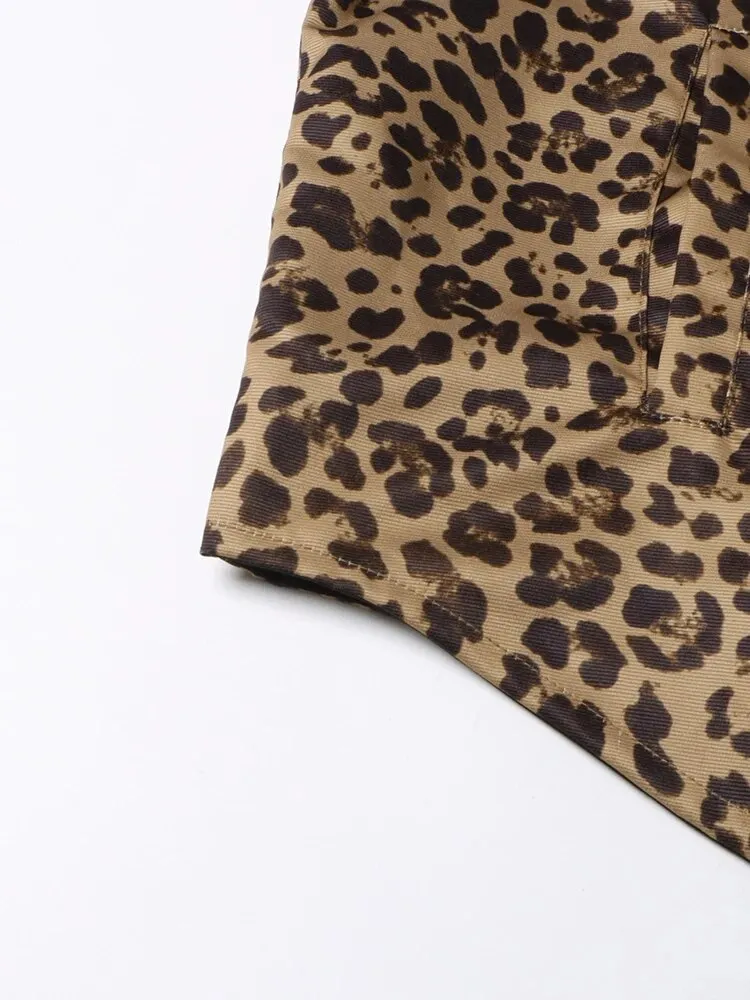 Colorblock Leopard Printing Casual Denim Coats For Women Lapel Long Sleeve Loose Spliced Button Coat Female Fahion