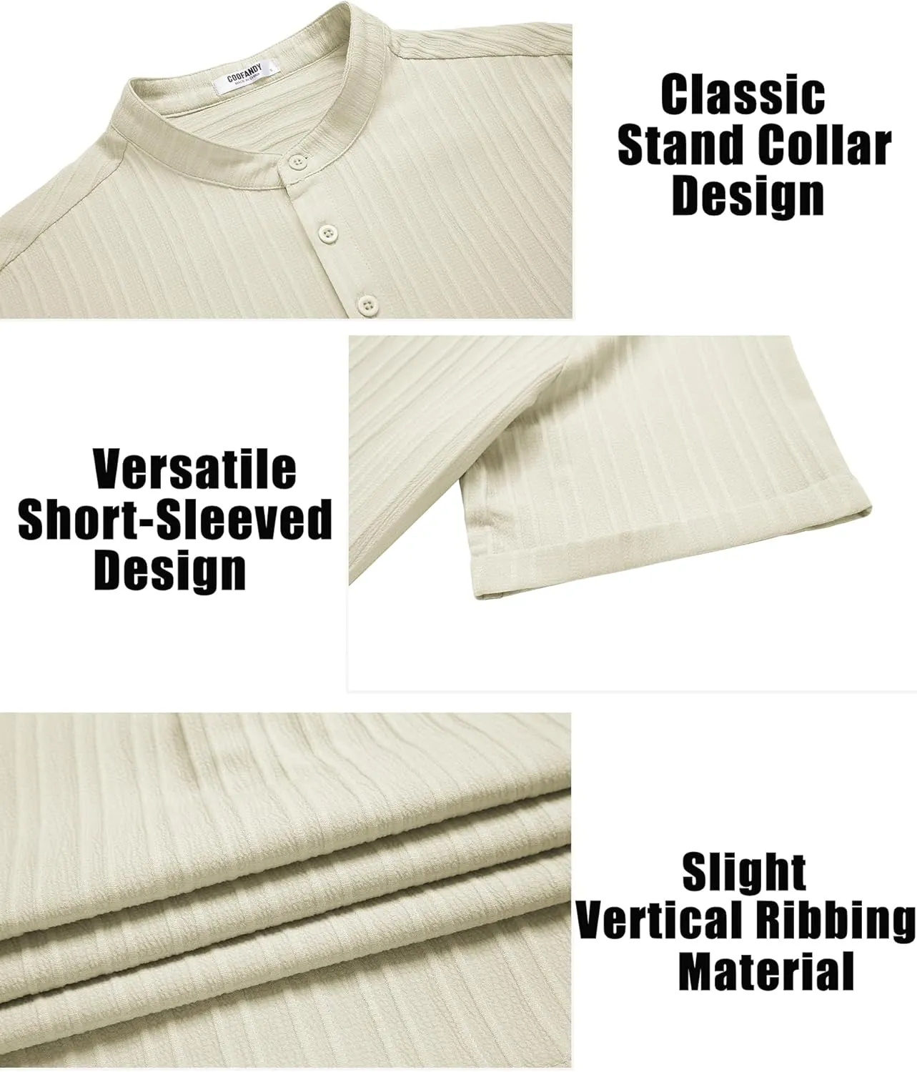 COOFANDY Men Casual Henley Tee Shirt Short Sleeve Band Collar Summer Beach Textured T-Shirt
