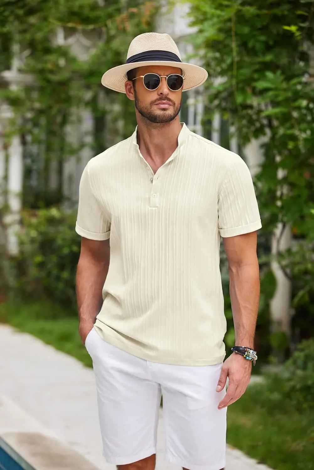 COOFANDY Men Casual Henley Tee Shirt Short Sleeve Band Collar Summer Beach Textured T-Shirt