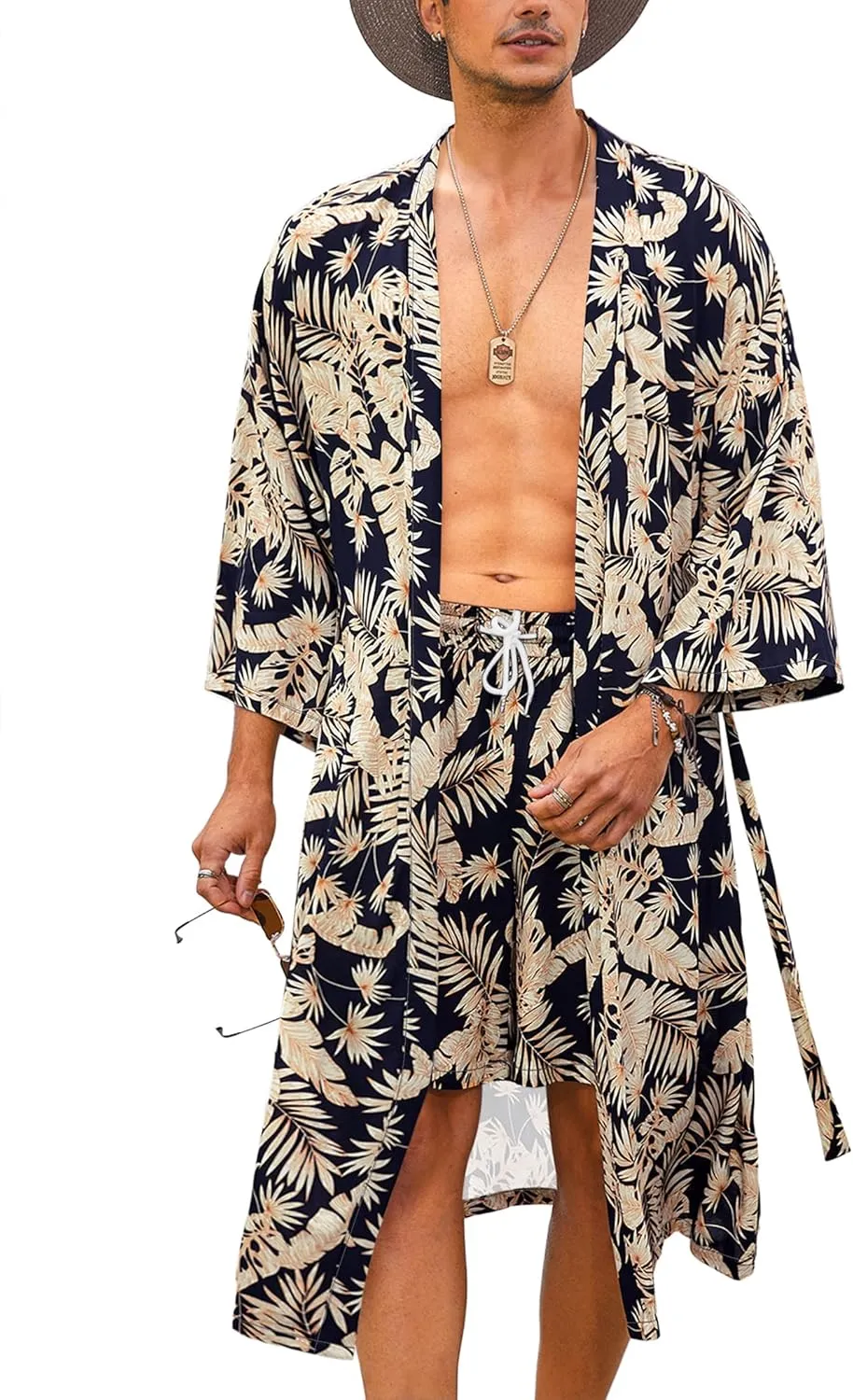 COOFANDY Men Lightweight 2 Piece Kimono Robe with Shorts Japanese Robes Casual Open Front Long Cardigan With Belt