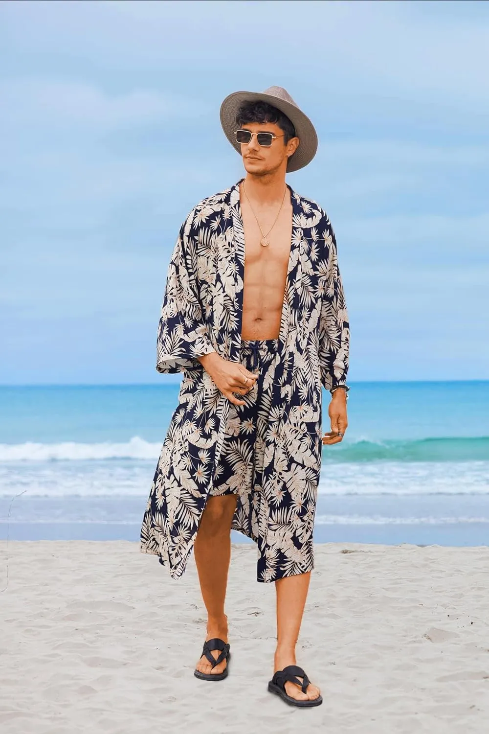 COOFANDY Men Lightweight 2 Piece Kimono Robe with Shorts Japanese Robes Casual Open Front Long Cardigan With Belt