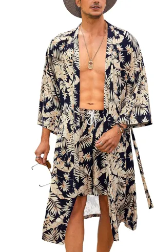 COOFANDY Men Lightweight 2 Piece Kimono Robe with Shorts Japanese Robes Casual Open Front Long Cardigan With Belt