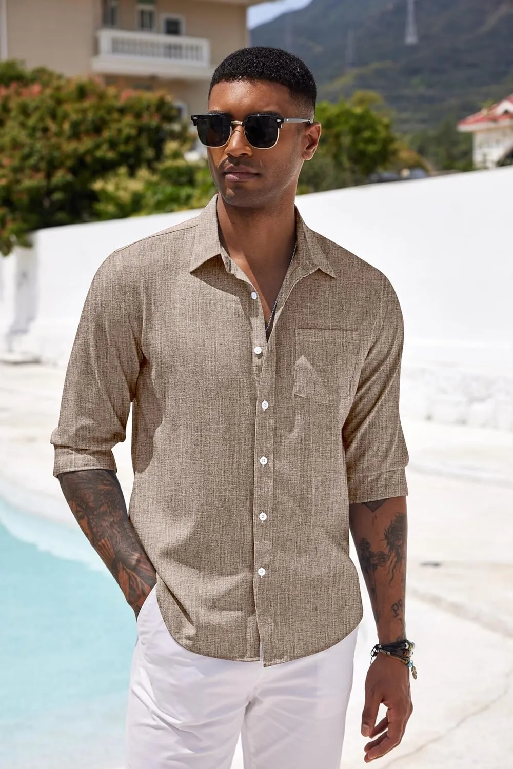 COOFANDY Men's Casual Button Down Shirt Long Sleeve Linen Chambray Shirt