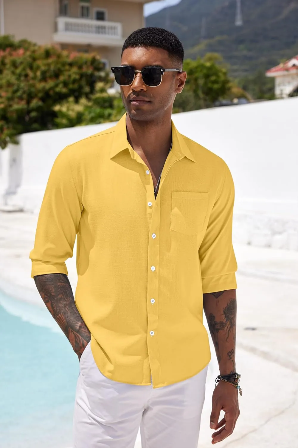 COOFANDY Men's Casual Button Down Shirt Long Sleeve Linen Chambray Shirt