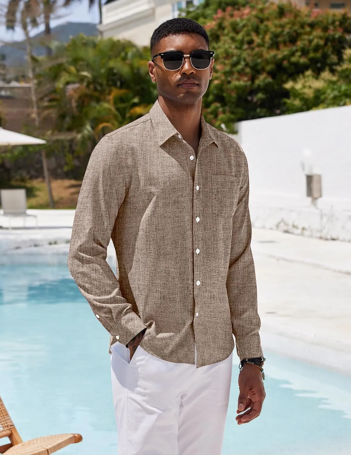 COOFANDY Men's Casual Button Down Shirt Long Sleeve Linen Chambray Shirt