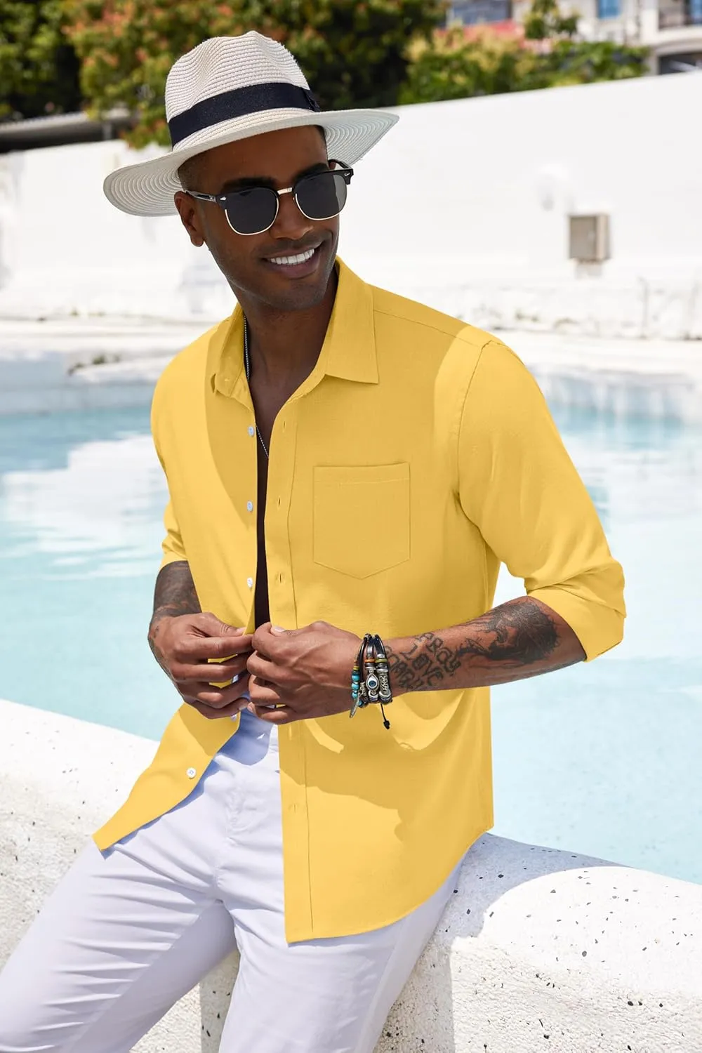 COOFANDY Men's Casual Button Down Shirt Long Sleeve Linen Chambray Shirt