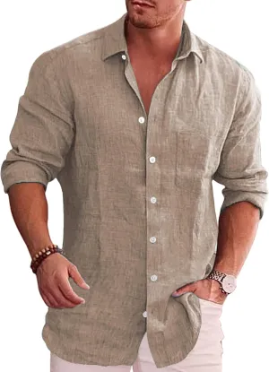 COOFANDY Men's Casual Button Down Shirt Long Sleeve Linen Chambray Shirt