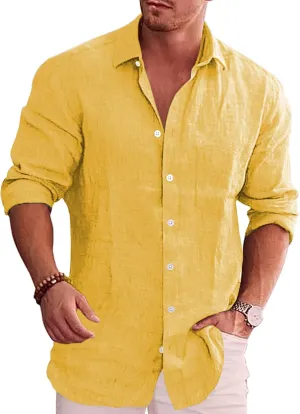 COOFANDY Men's Casual Button Down Shirt Long Sleeve Linen Chambray Shirt