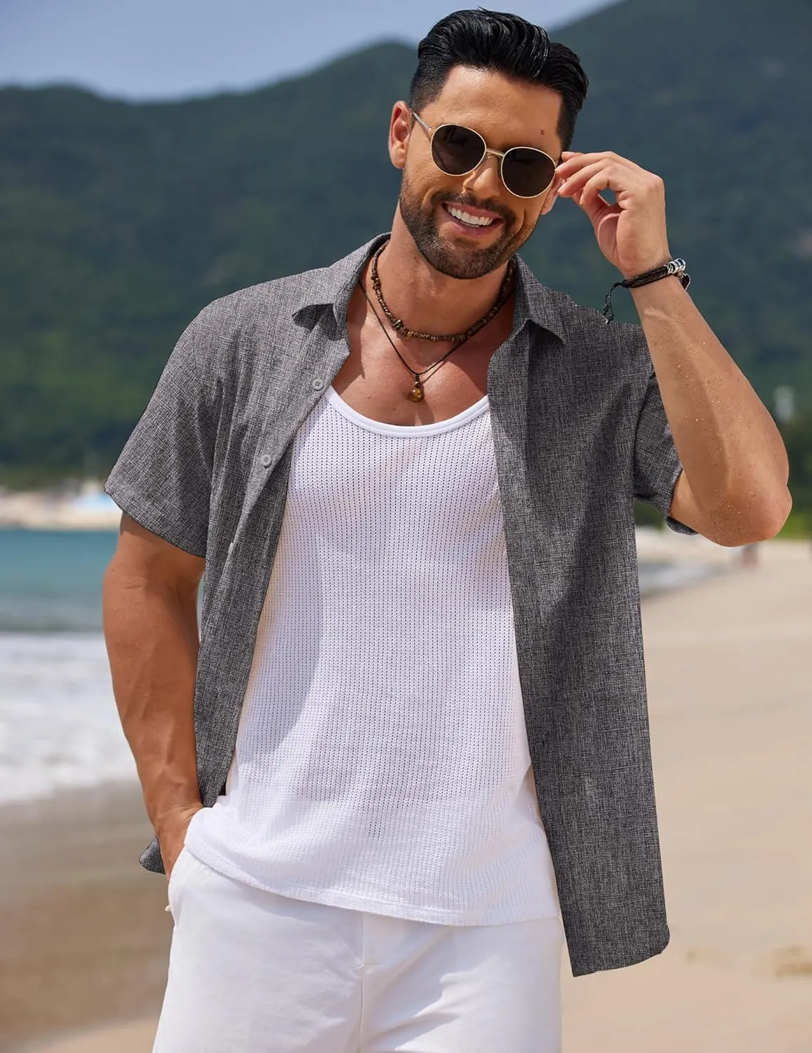 COOFANDY Mens Casual Summer Beach Shirt Short Sleeve Button Down Shirt Vacation Wedding Shirt Linen Textured Shirts