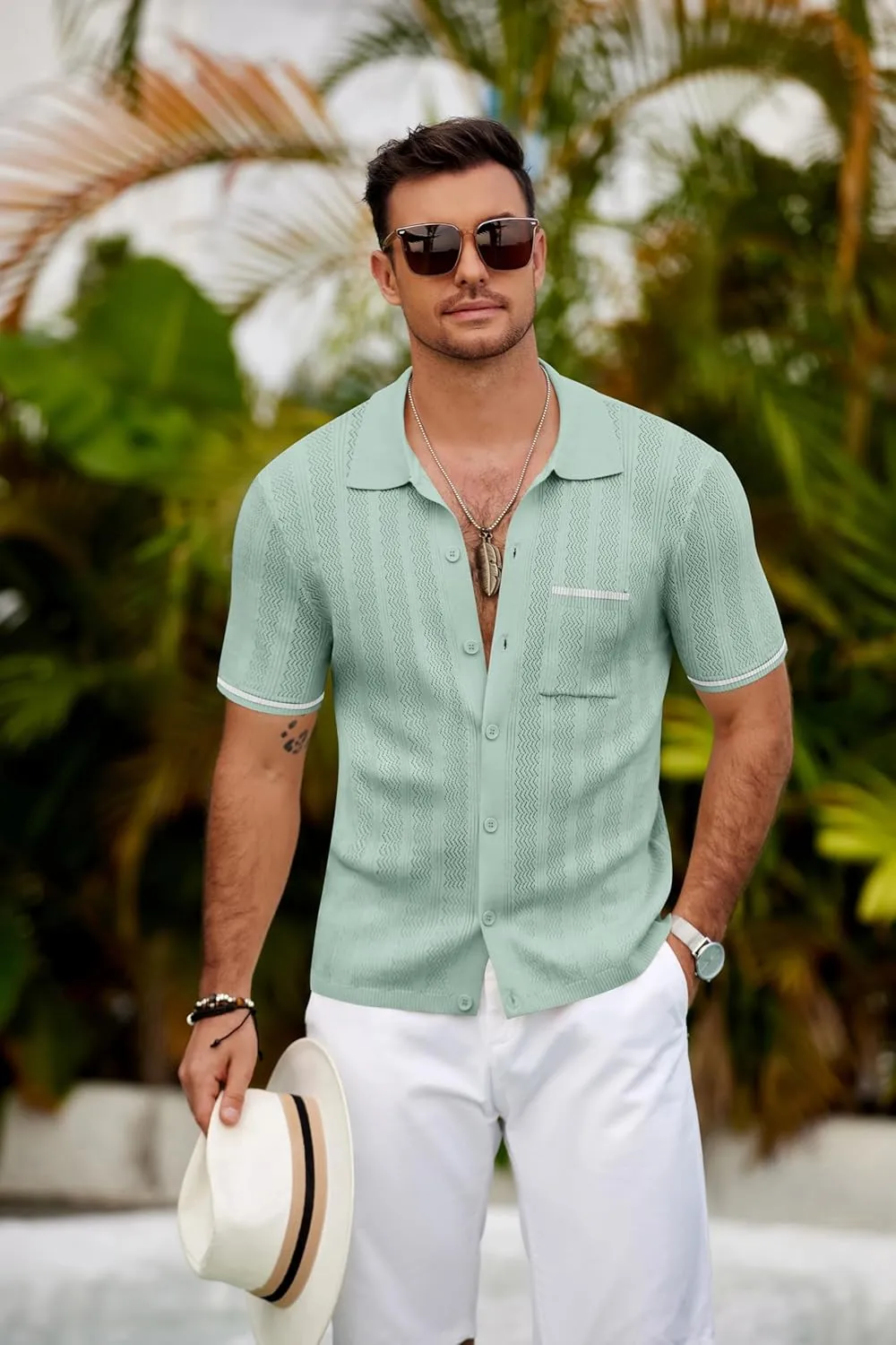 COOFANDY Men's Knit Button Down Shirt 2025 Vintage Short Sleeve Polo Shirt Casual Beach Tops