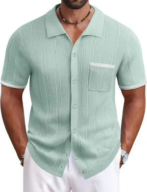 COOFANDY Men's Knit Button Down Shirt 2025 Vintage Short Sleeve Polo Shirt Casual Beach Tops