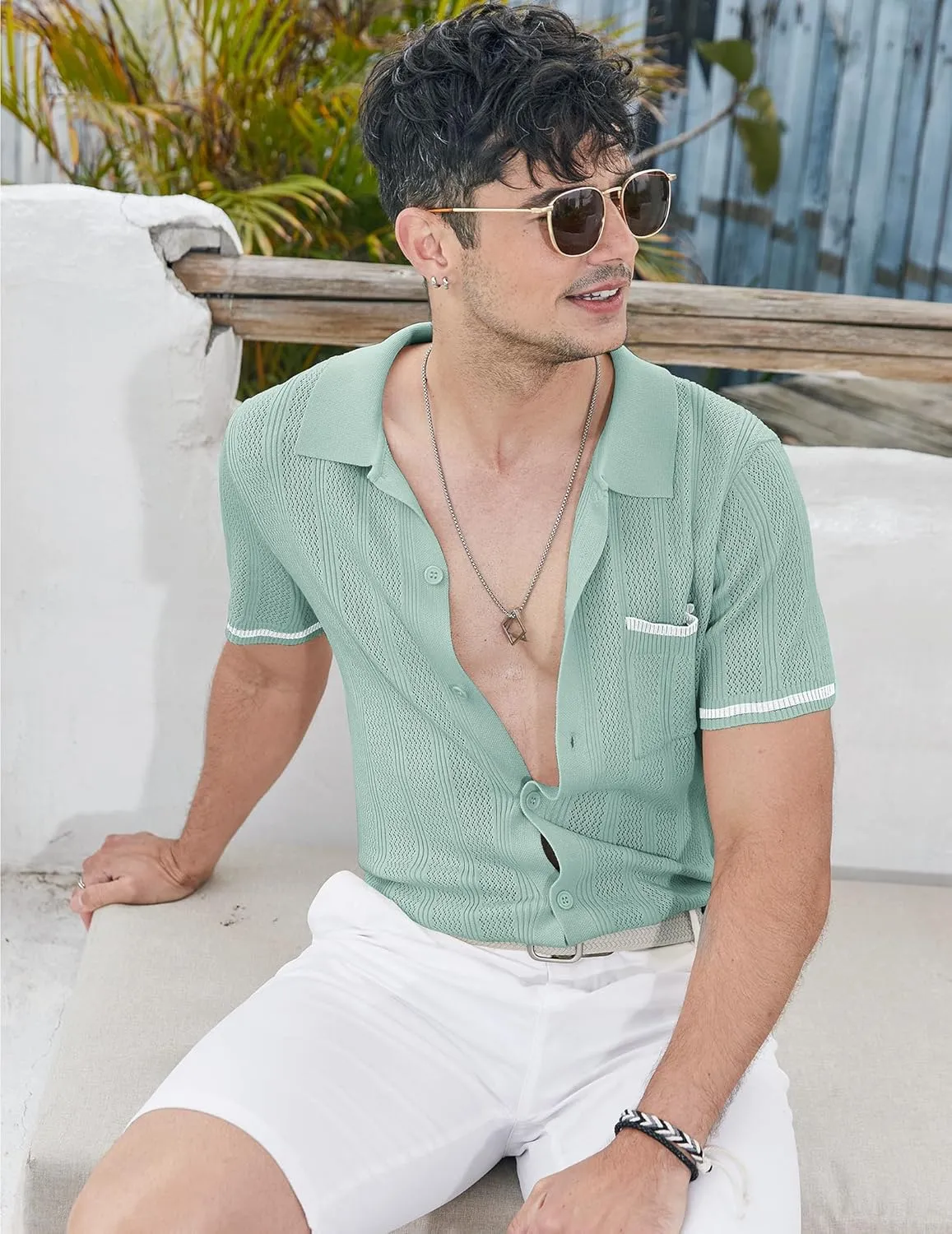 COOFANDY Men's Knit Button Down Shirt 2025 Vintage Short Sleeve Polo Shirt Casual Beach Tops