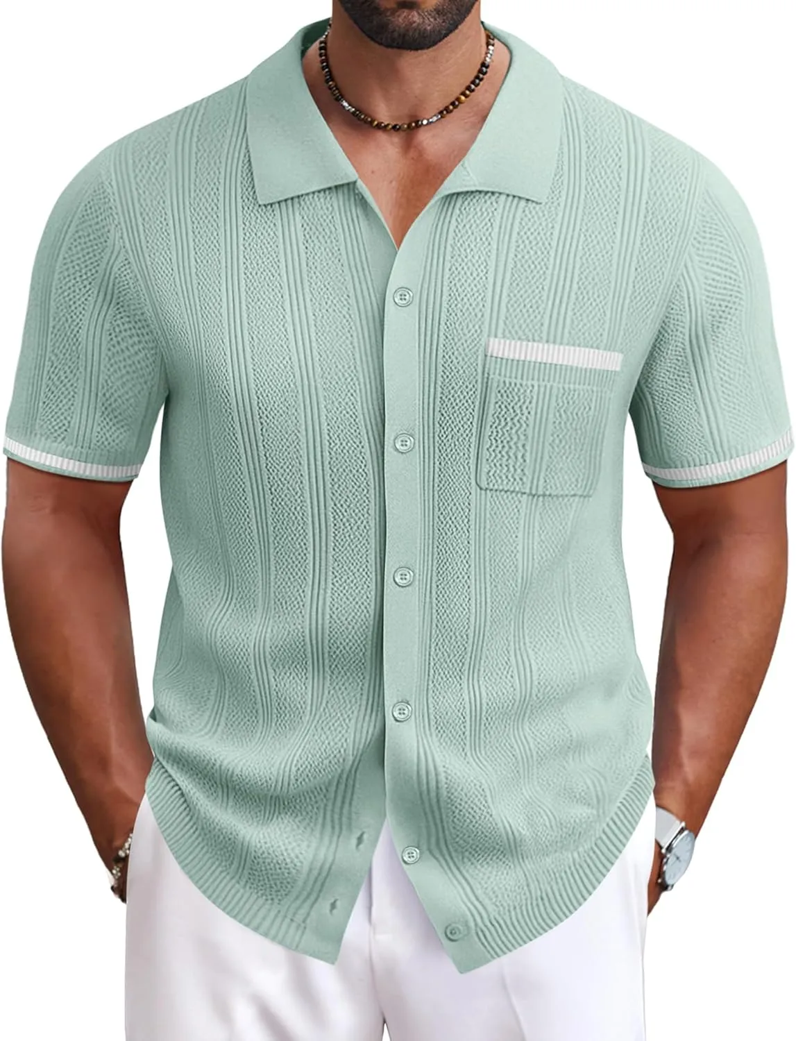 COOFANDY Men's Knit Button Down Shirt 2025 Vintage Short Sleeve Polo Shirt Casual Beach Tops