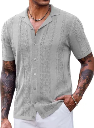 COOFANDY Men's Knit Shirts Vintage Short Sleeve Button Down Shirt Casual Summer Beach Shirt