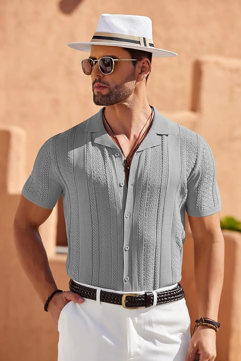 COOFANDY Men's Knit Shirts Vintage Short Sleeve Button Down Shirt Casual Summer Beach Shirt