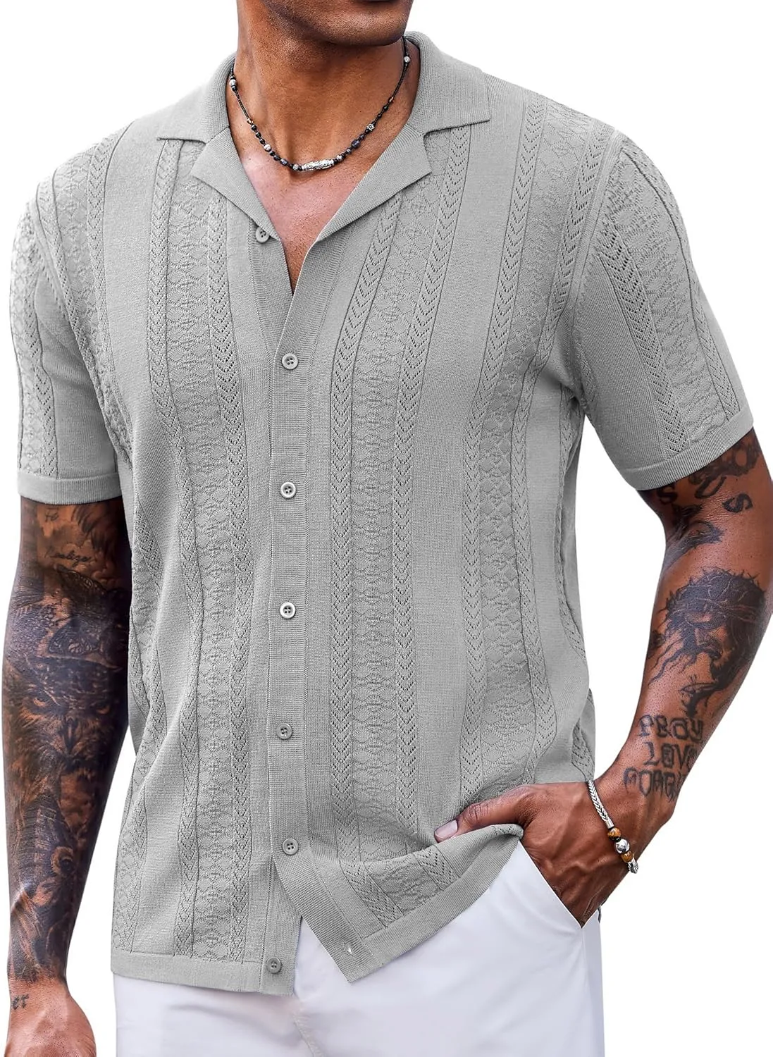 COOFANDY Men's Knit Shirts Vintage Short Sleeve Button Down Shirt Casual Summer Beach Shirt