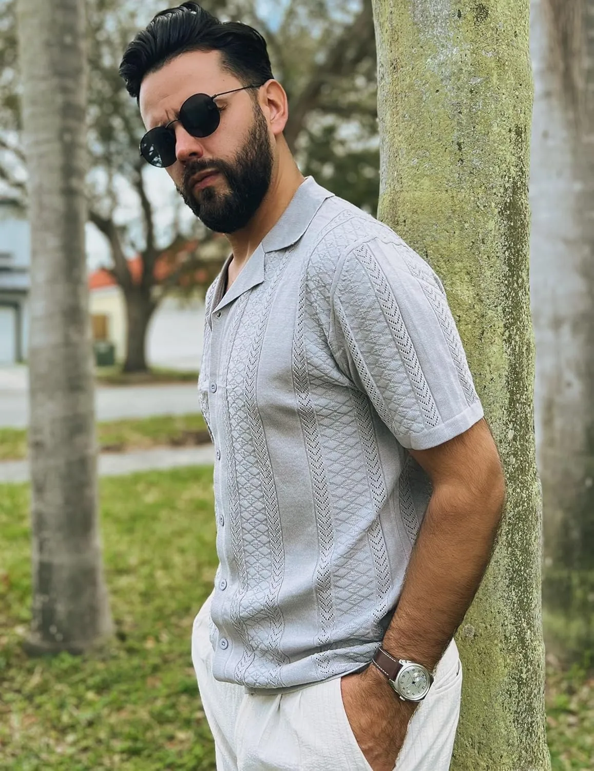 COOFANDY Men's Knit Shirts Vintage Short Sleeve Button Down Shirt Casual Summer Beach Shirt
