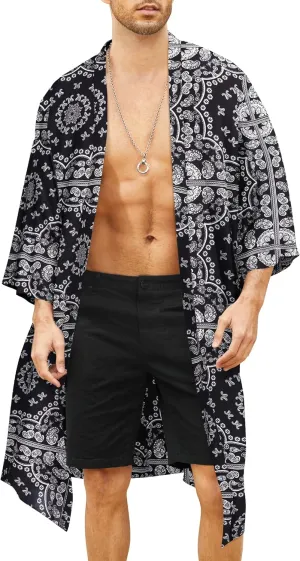 COOFANDY Men's Lightweight Kimono Robe Jacket Printed Japanese Style Bathrobes Casual Open Front Long Cardigan Coat Outwear